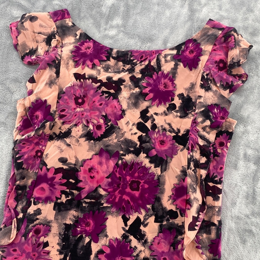 Amour Vert Purple Floral Flutter Sleeve Shift Dress Small Silk Ruffle Front